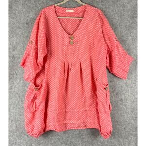 Miss Sugar Linen Dress Womens XL Pink Polka Dot Tiered Lagenlook Made In Italy